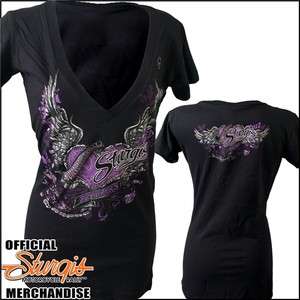 OFFICIAL 2012 STURGIS RALLY WOMENS HEART WINGS DEEP V NECK TEE TSHIRT 