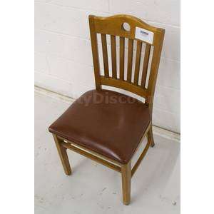 USED CHAIR SOLID WOOD SLAT BACK W/ RED / BROWN CUSHION SEAT  