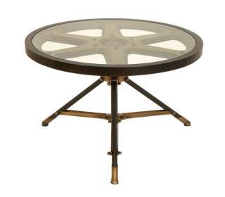   Traditional Movie Film Reel Metal and Glass Cocktail Coffee Table