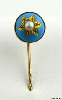 Vintage Genuine Pearl & Enamel Star Stickpin   10k Yellow Gold Stick 