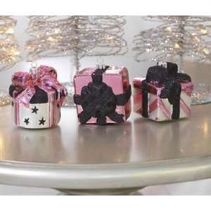 Set of 3 Pink & Black Christmas Presents Ornaments, Glass 