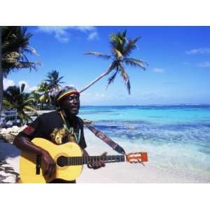 Reggae Singer with Guitar on Beach, Sainte Anne, Guadeloupe Stretched 