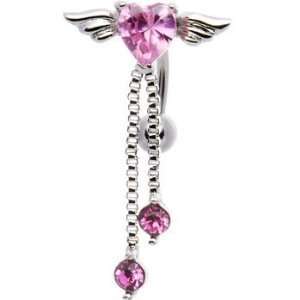 Top Mount Pink Angel Wing Gem Heart Chain Dangle Reverse Belly button 