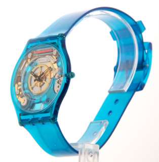 Womens Swatch Blue Jelly Skin Swiss SFN105 Slim Plastic Watch New 