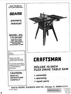  Craftsman Table Saw Manual Model # 113.241691  