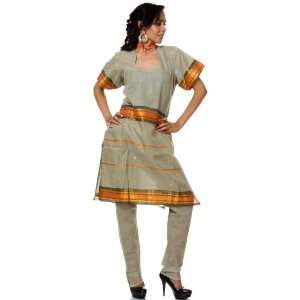Moss Gray Two Piece Chanderi Salwar Kameez Suit with Brocade Weave 