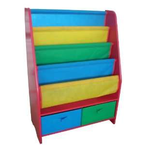   Primary Color Wooden Bookshelf with Canvas Shelves and Fabric Bins