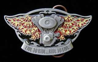 Cool looking Harley V Twin engine belt buckle with flames shooting out 