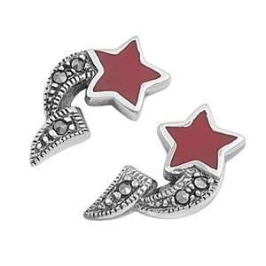    Marcasite Earrings with Ruby Star and Clear CZ   18 mm Jewelry