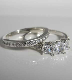 52 CTW PRINCESS CUT 3 STONE WEDDING RING SET WITH ACCENTS SOLID .925 