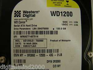 WESTERN DIGITAL WD1200 120GB SATA HD WD1200JD 75GBB0 718037106731 