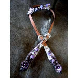   BRIDLE WESTERN LEATHER HEADSTALL HAIR ON PURPLE TACK 