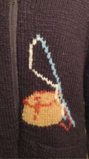   Vintage Hand Knit Novelty Sweater Heavy Wool Fishing Theme Zip Front