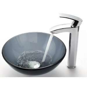   1810CH Clear 14 Inch Black Glass Vessel Sink and Visio Faucet, Chrome